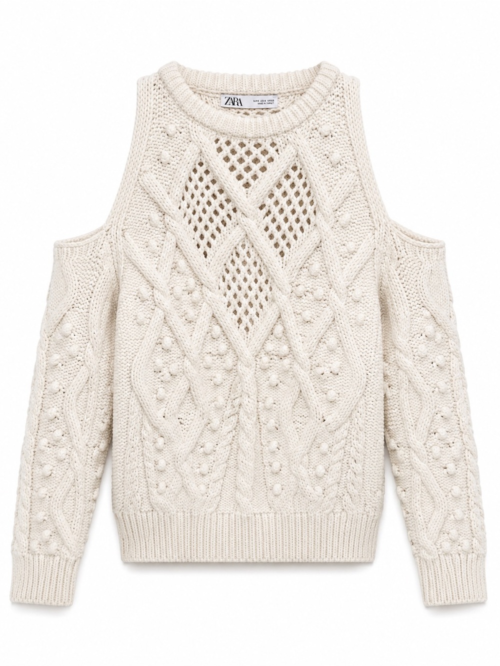 Zara Cream Cable Cold-Shoulder Knit Sweater